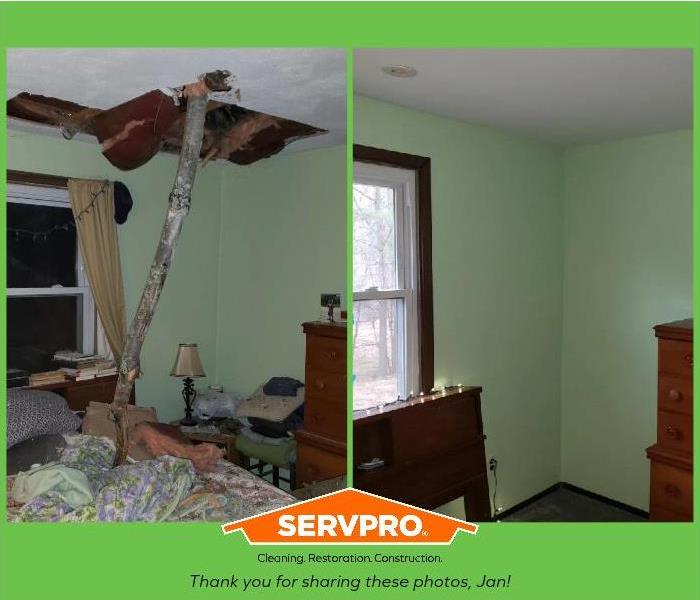 Before (left) tree limb through ceiling inches from pillow. After (right) ceiling and room repaired and looking brand new.