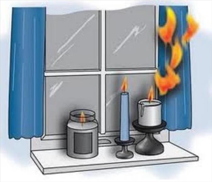 Illustration of lit candles catching and lighting the curtains above on fire.